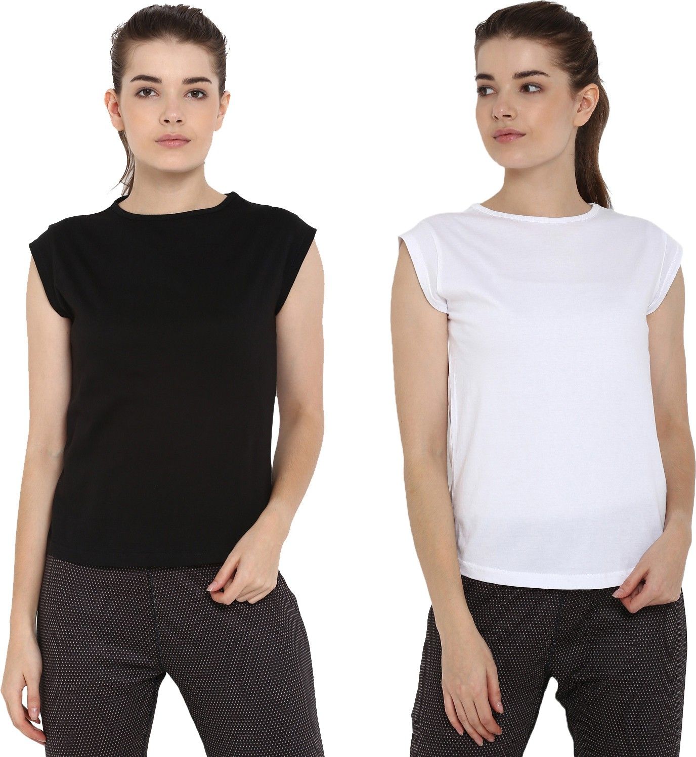ap'pulse Pack of 2 Women Solid Round Neck Pure Cotton White, Black T-Shirt-picture-31