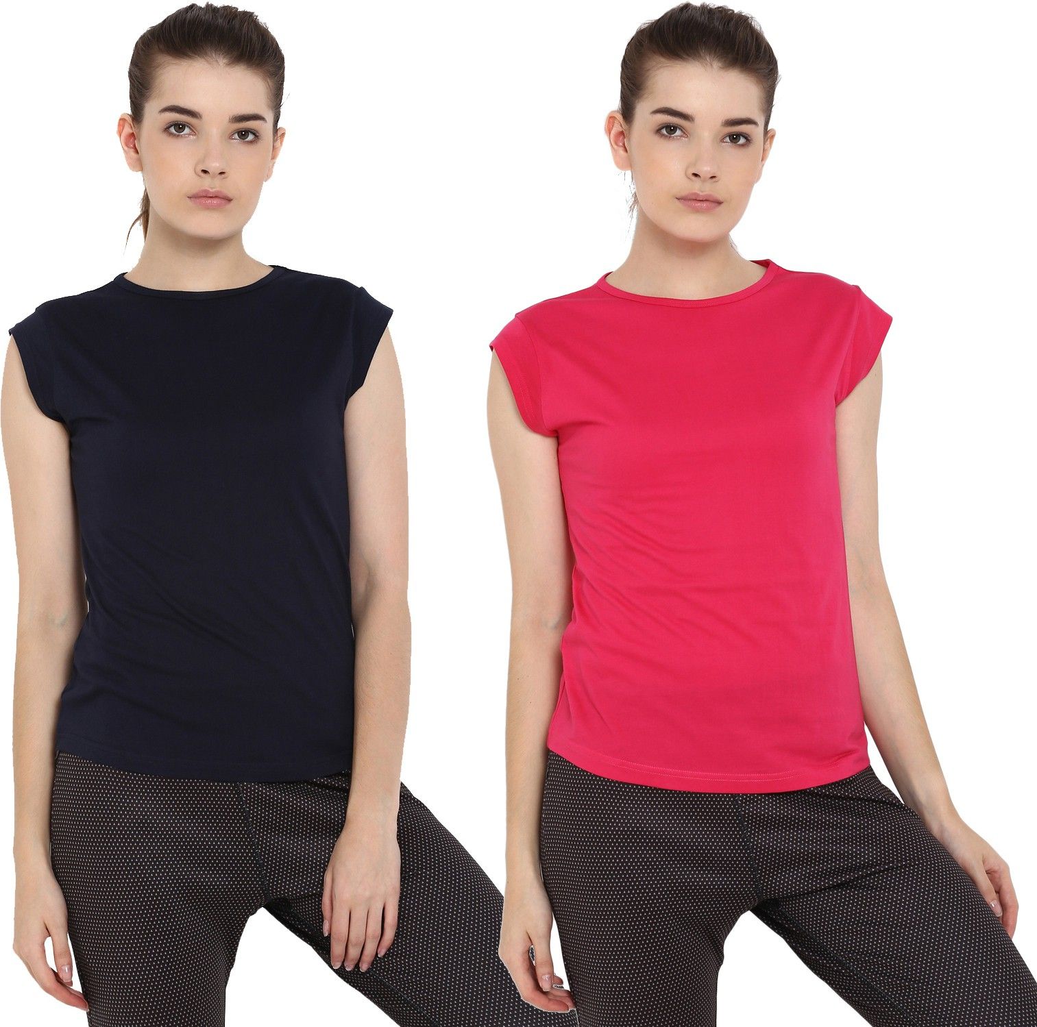 Pack of 2 Women Solid Round Neck Pure Cotton Dark Blue, Pink T-Shirt-image-6