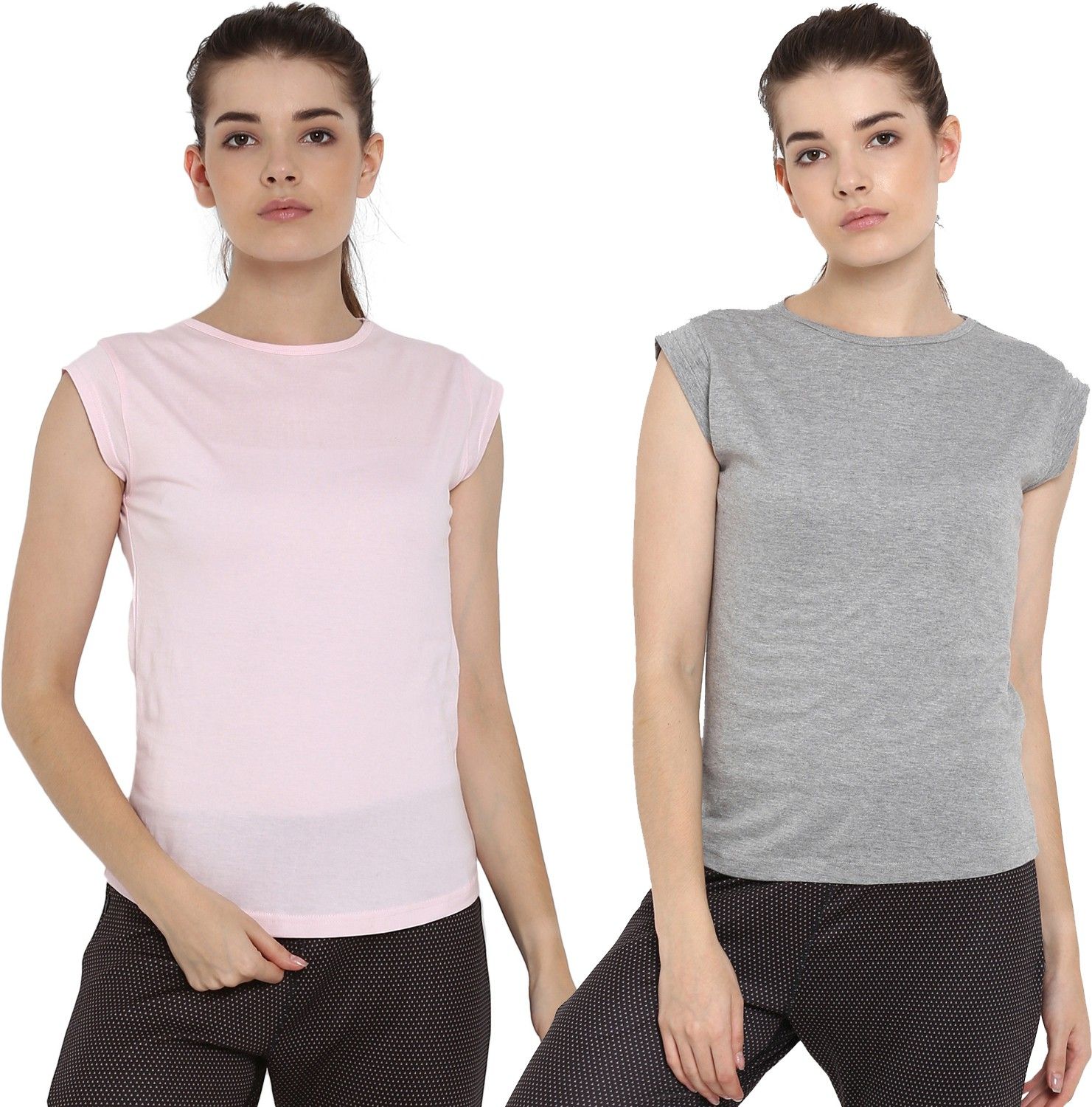 ap'pulse Pack of 2 Women Solid Round Neck Pure Cotton Pink, Grey T-Shirt-picture-25