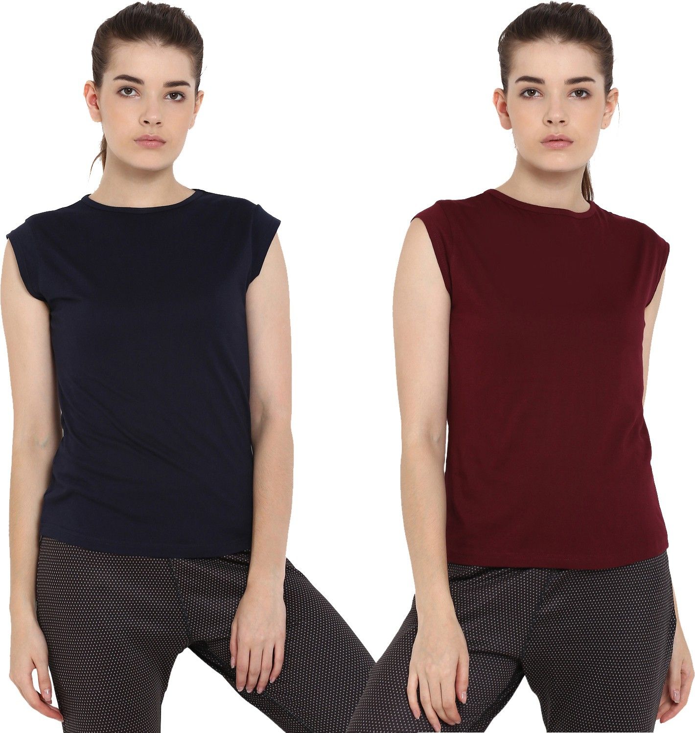 Pack of 2 Women Solid Round Neck Pure Cotton Dark Blue, Maroon T-Shirt-image-20
