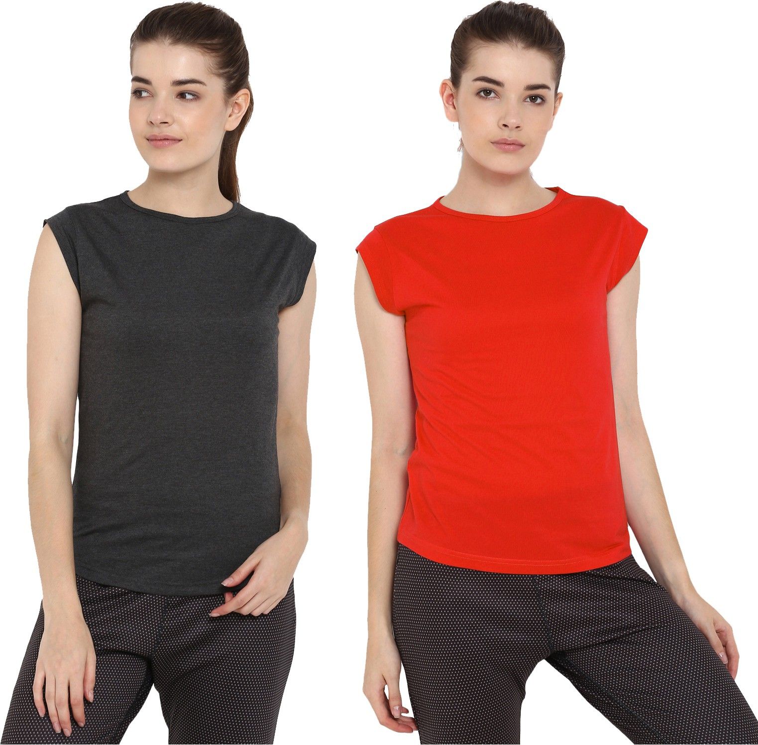 ap'pulse Pack of 2 Women Solid Round Neck Pure Cotton Red, Grey T-Shirt-picture-41