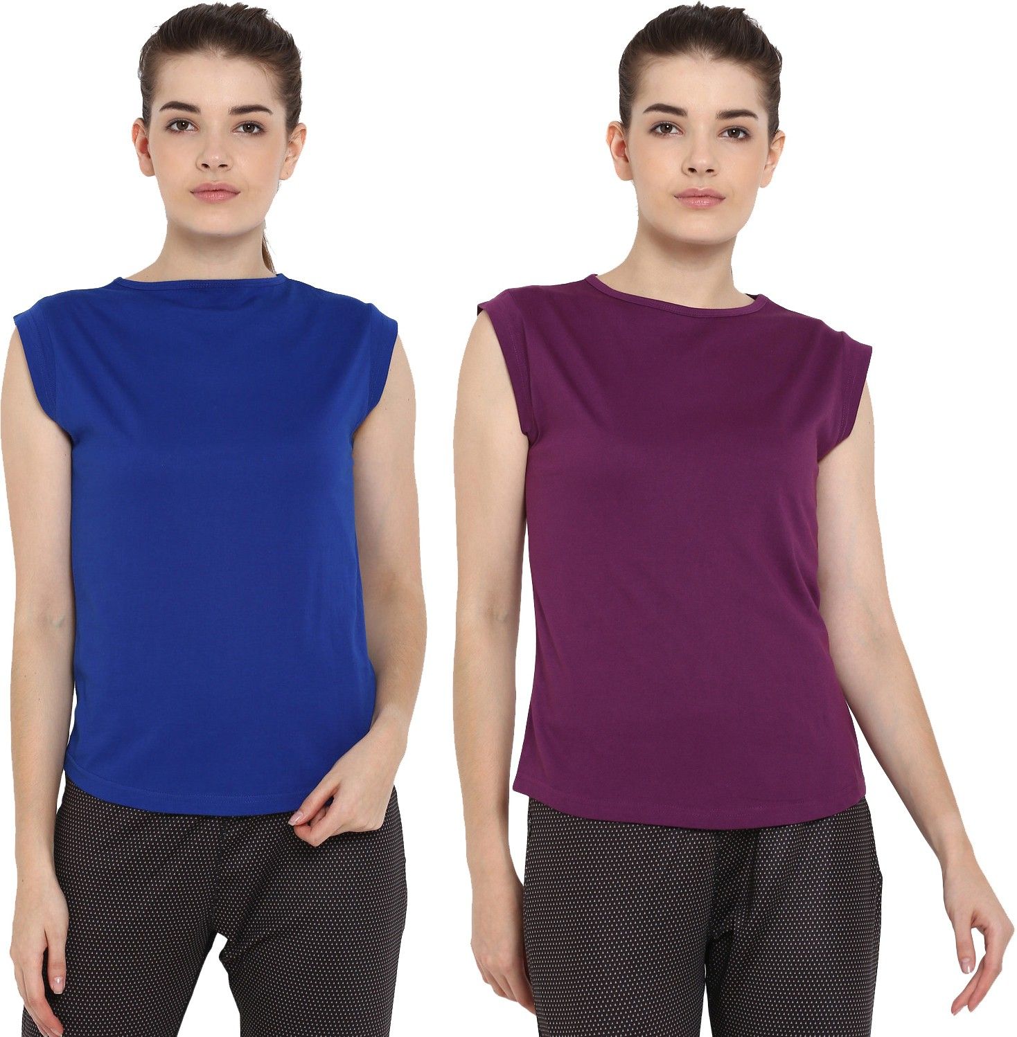 Pack of 2 Women Solid Round Neck Pure Cotton Purple, Blue T-Shirt-image-37