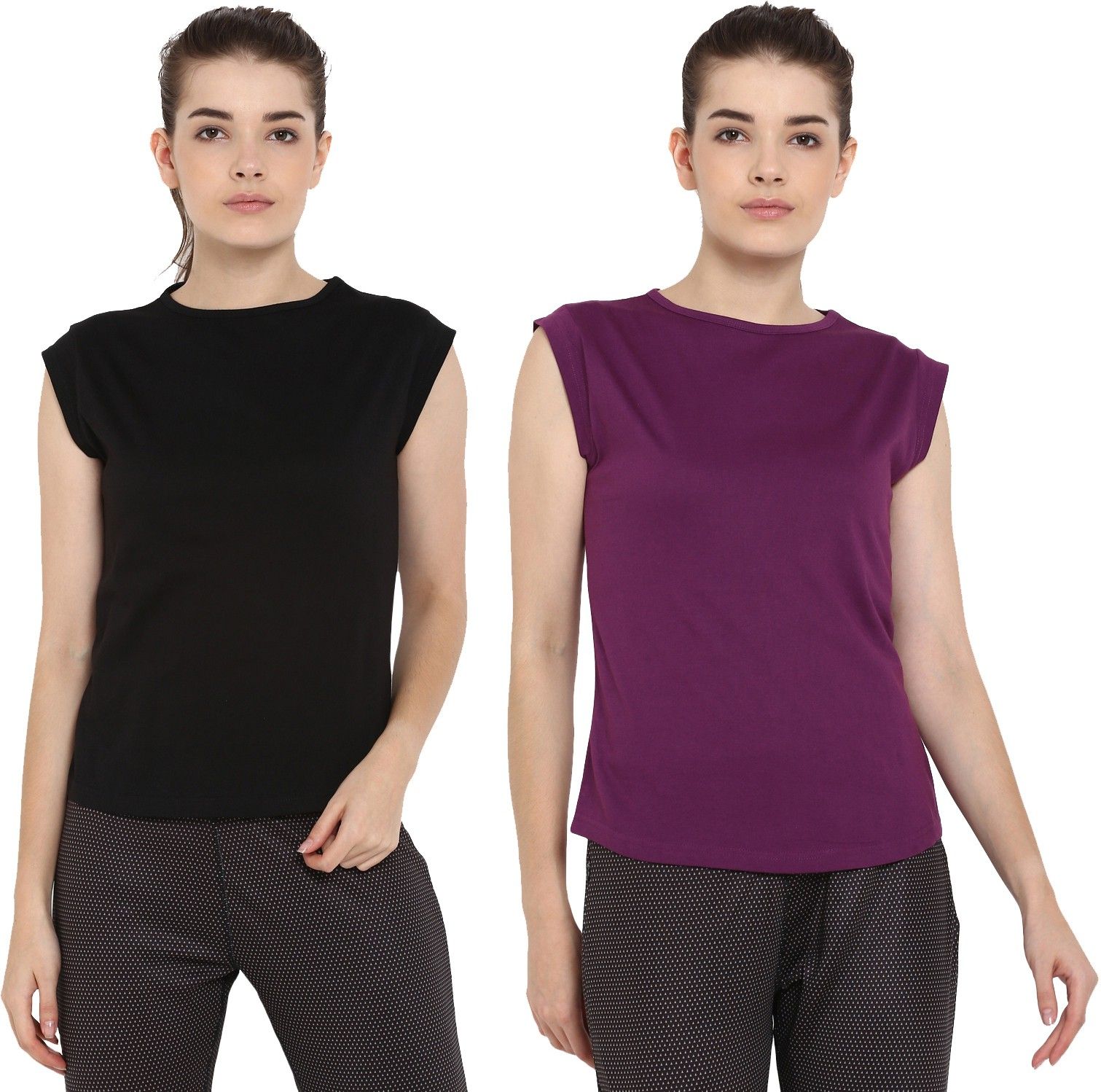 ap'pulse Pack of 2 Women Solid Round Neck Pure Cotton Purple, Black T-Shirt-picture-0