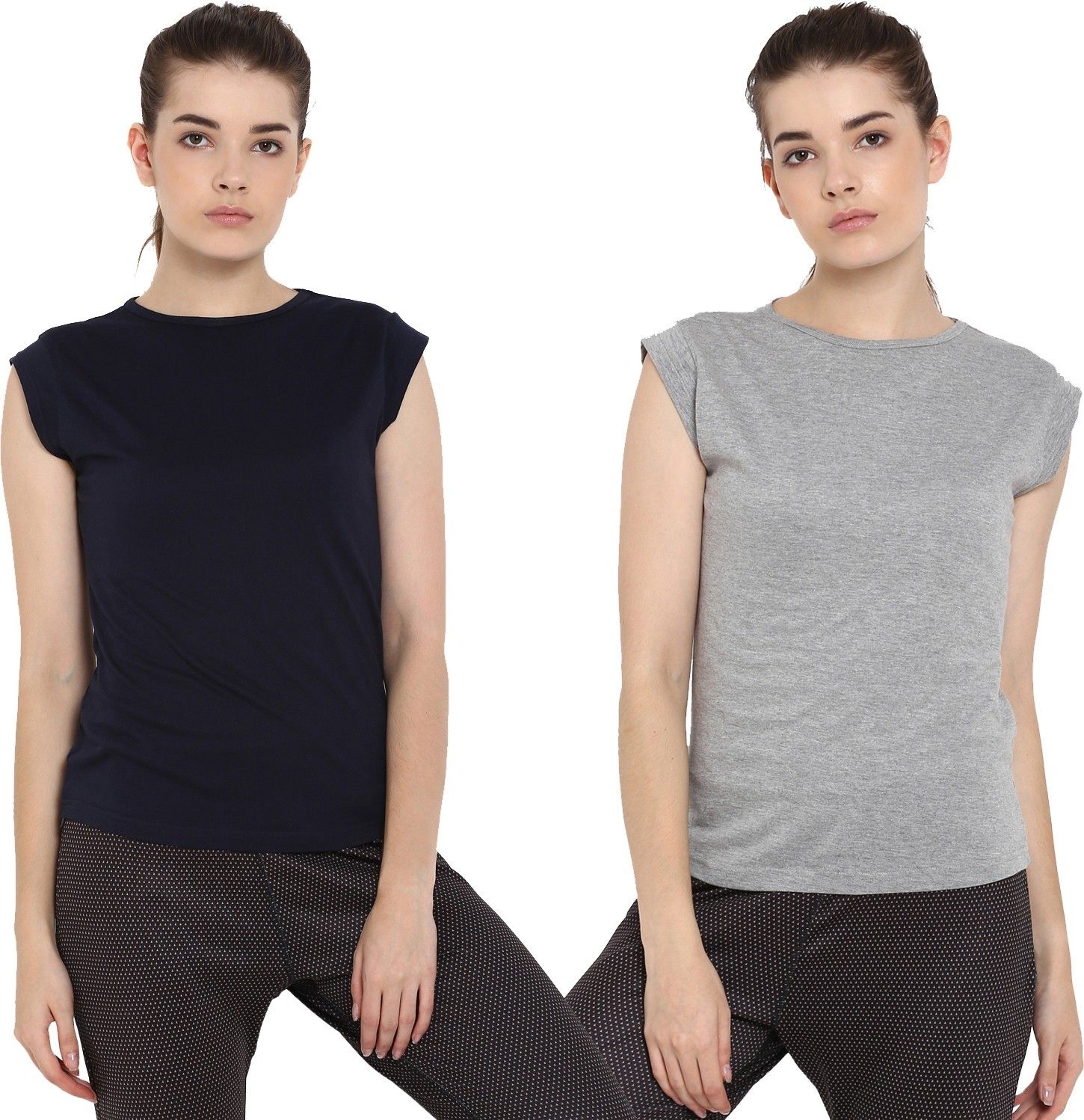 Pack of 2 Women Solid Round Neck Pure Cotton Dark Blue, Grey T-Shirt-image-42