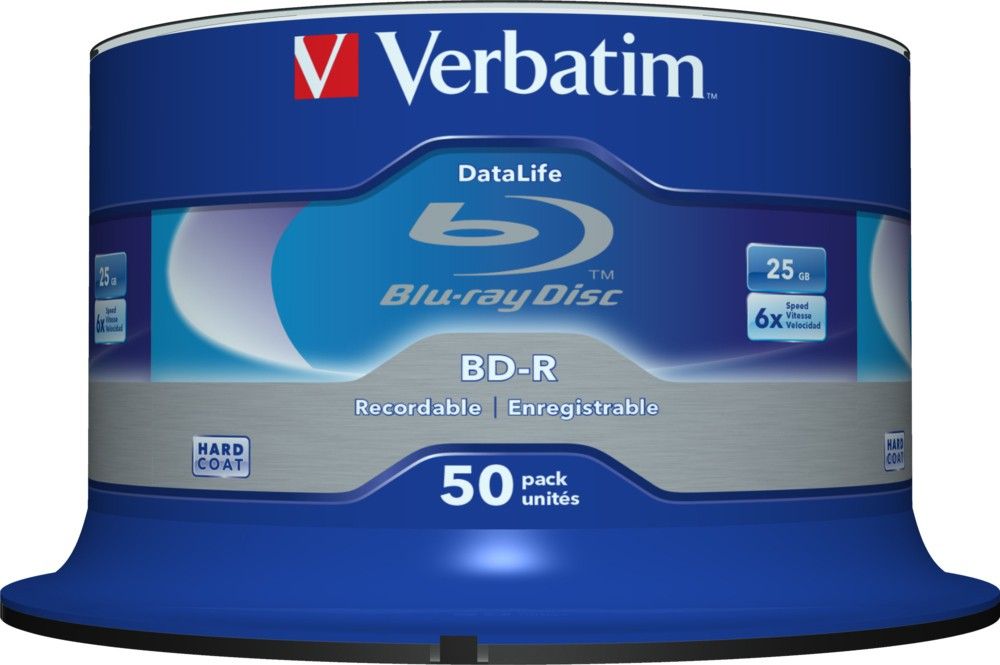 Verbatim Blu-ray Recordable 43838 Pack of 50 BDR Disc Spindle Speed 6x 25 GB