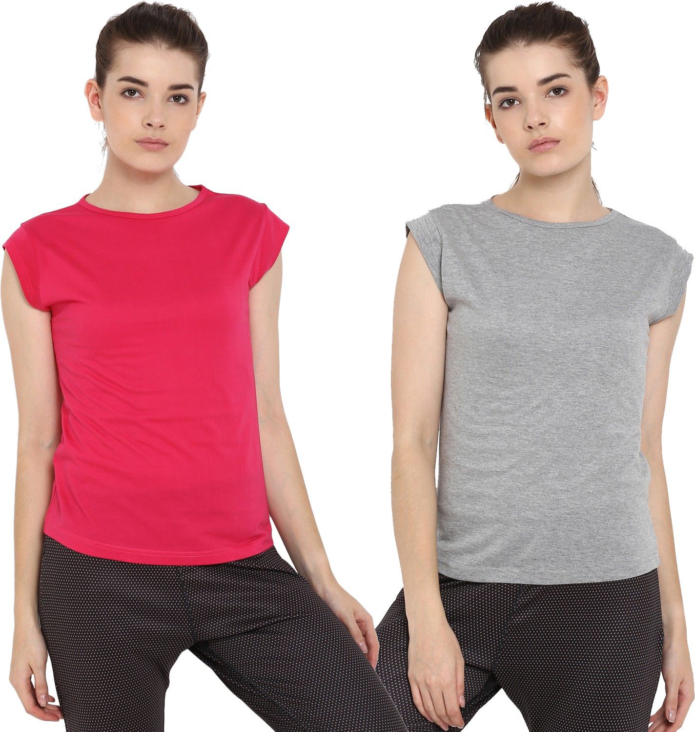 ap'pulse Pack of 2 Women Solid Round Neck Pure Cotton Pink, Grey T-Shirt-picture-27