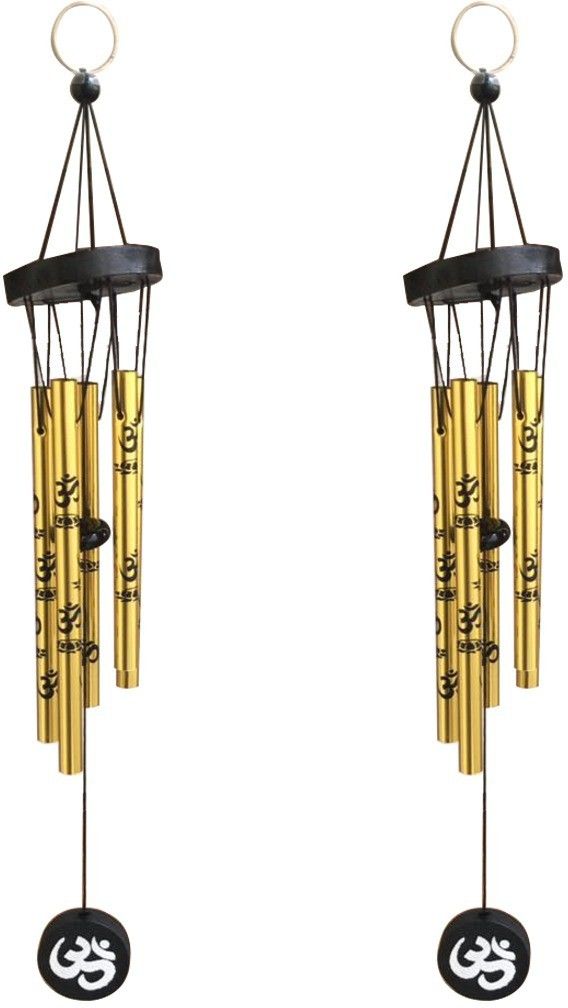 Pack Of (2) Om Printed Golden Color 5 Pipes Wind Chimes Wall Hanging For Home / Office Brass Windchime-image-47