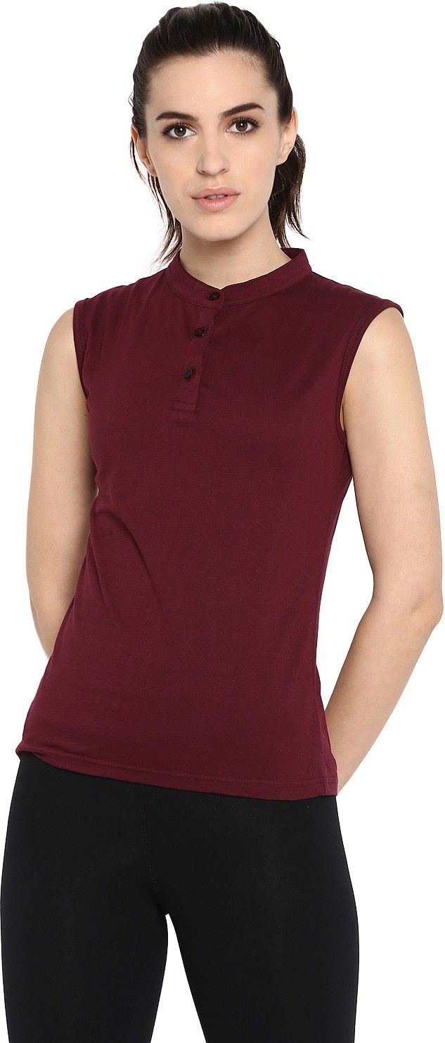 ap'pulse Women Solid Mandarin Collar Pure Cotton Maroon T-Shirt-picture-12