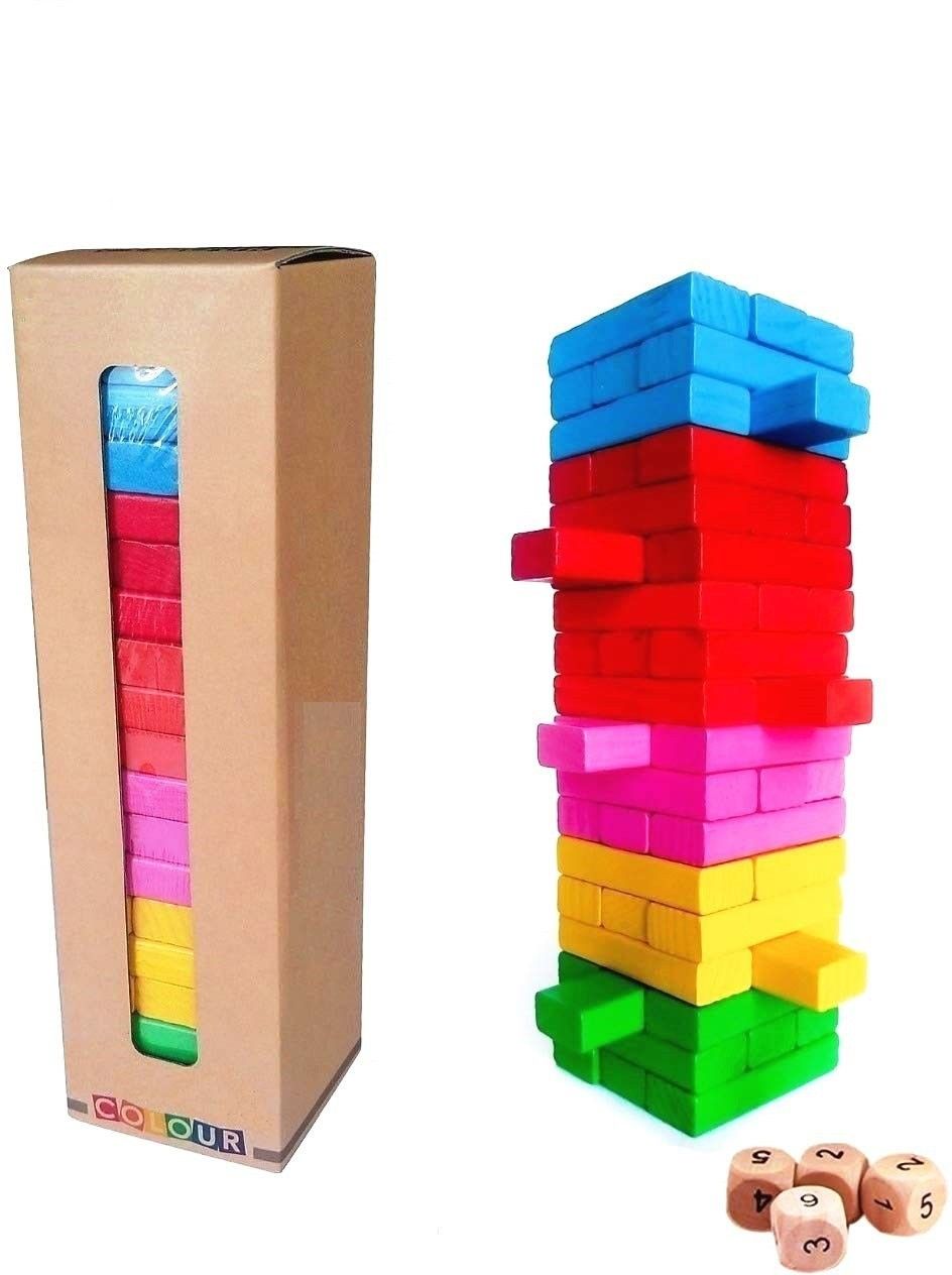 jmv 54 Pcs Blocks with Dice Wooden Tumbling Stacking Building Tower Game-picture-11