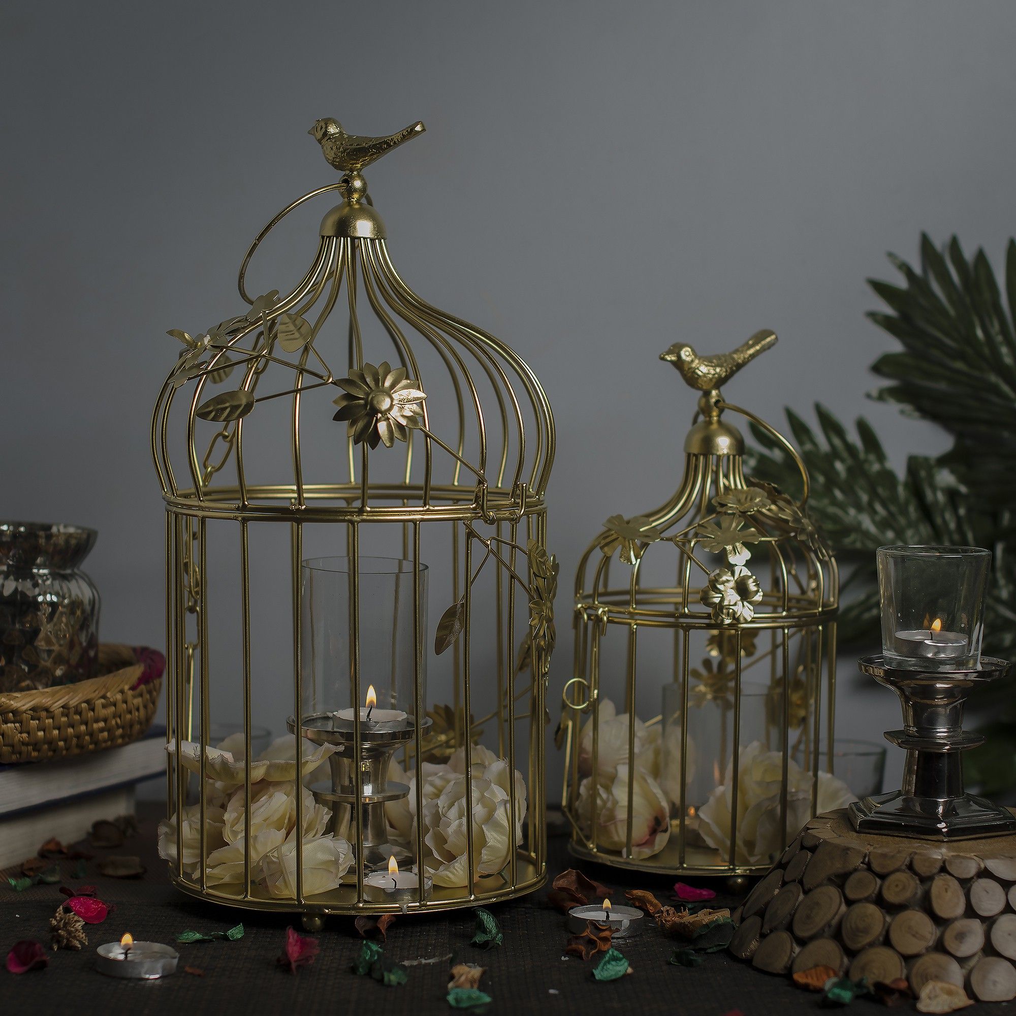 flipkart smartbuy Golden Bird Cage Lantern with Floral Vine (Set of 2), with hanging chain Gold Iron Hanging Lantern-picture-15