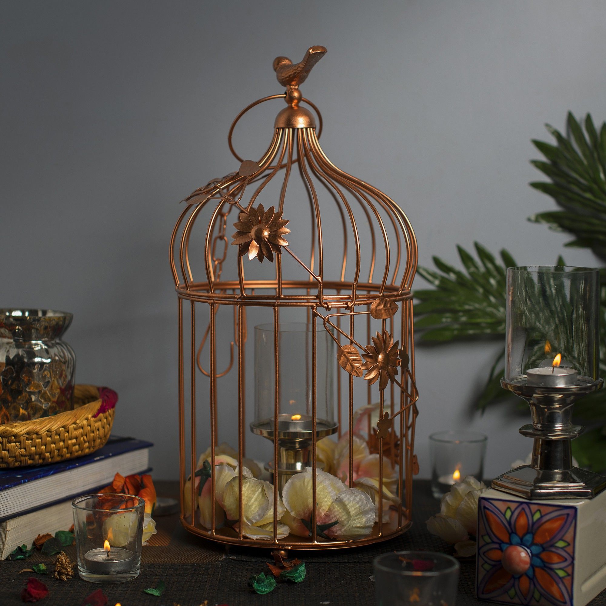 Copper Bird Cage Lantern with Floral Vine Large Single, with hanging chain Brown Metal Hanging Lantern-image-28