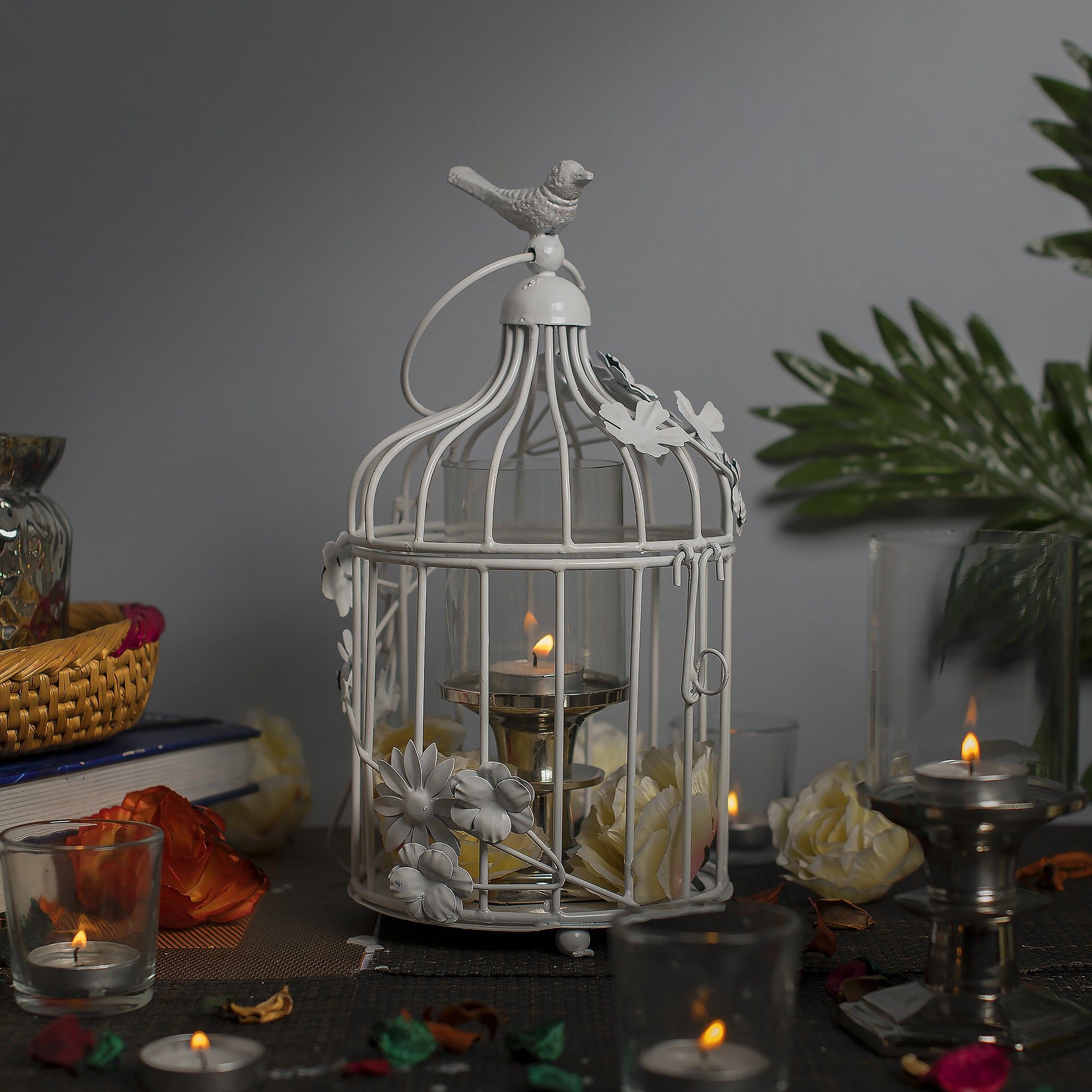 White Bird Cage Lantern with Floral Vine Small Single, with hanging chain White Metal Hanging Lantern-image-45