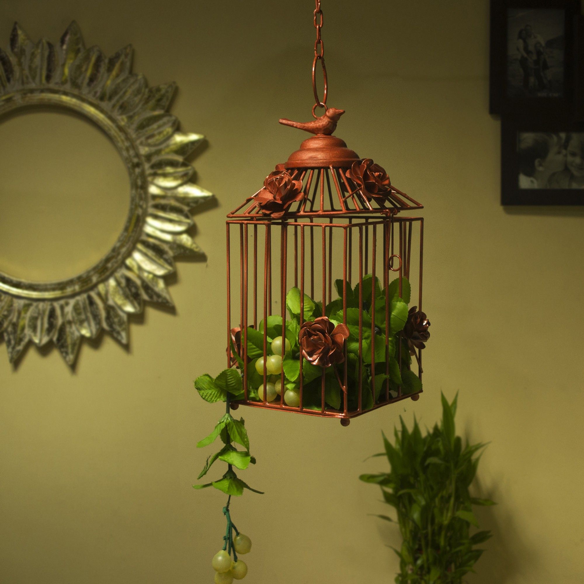Decorative Hanging Bird Cage Lantern , Balcony/Patio Planter cage/hanging Candle holder, Copper Brown Metal Hanging Lantern-image-35
