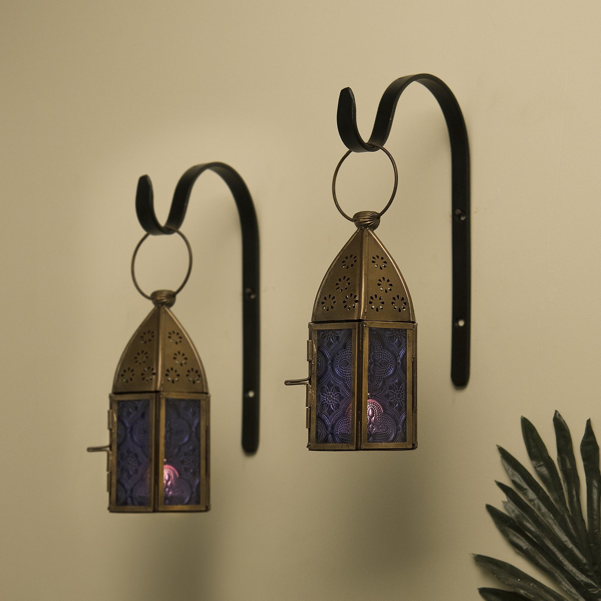 Wall Metal Decorative Antique Brass Finish Moroccan Lantern Candle Holder, Set of 2, Tealight Hanging Home Office Decor with Wall Hook, Blue Metal Hanging Lantern-image-32