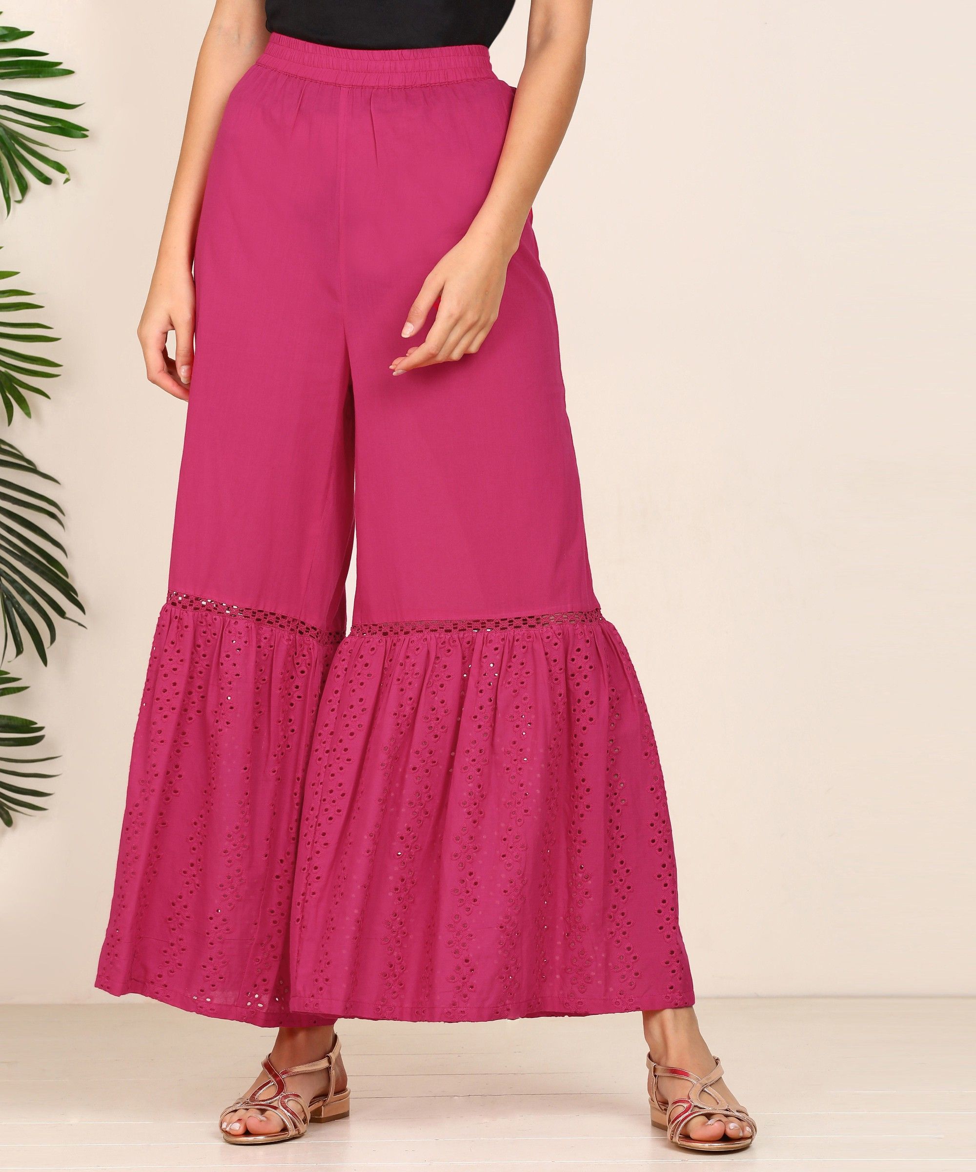 Women Flared Pink Pure Cotton Trousers