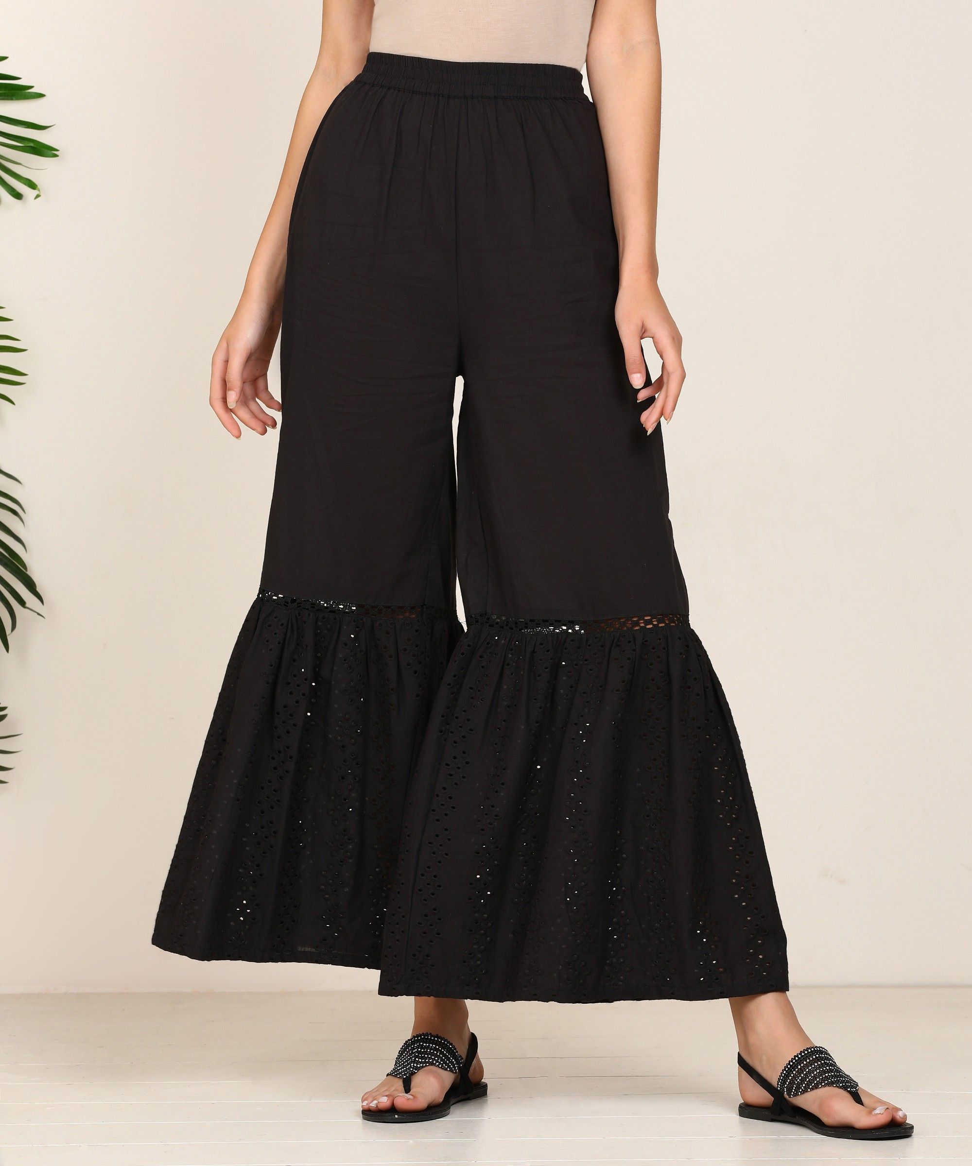 Women Flared Black Pure Cotton Trousers