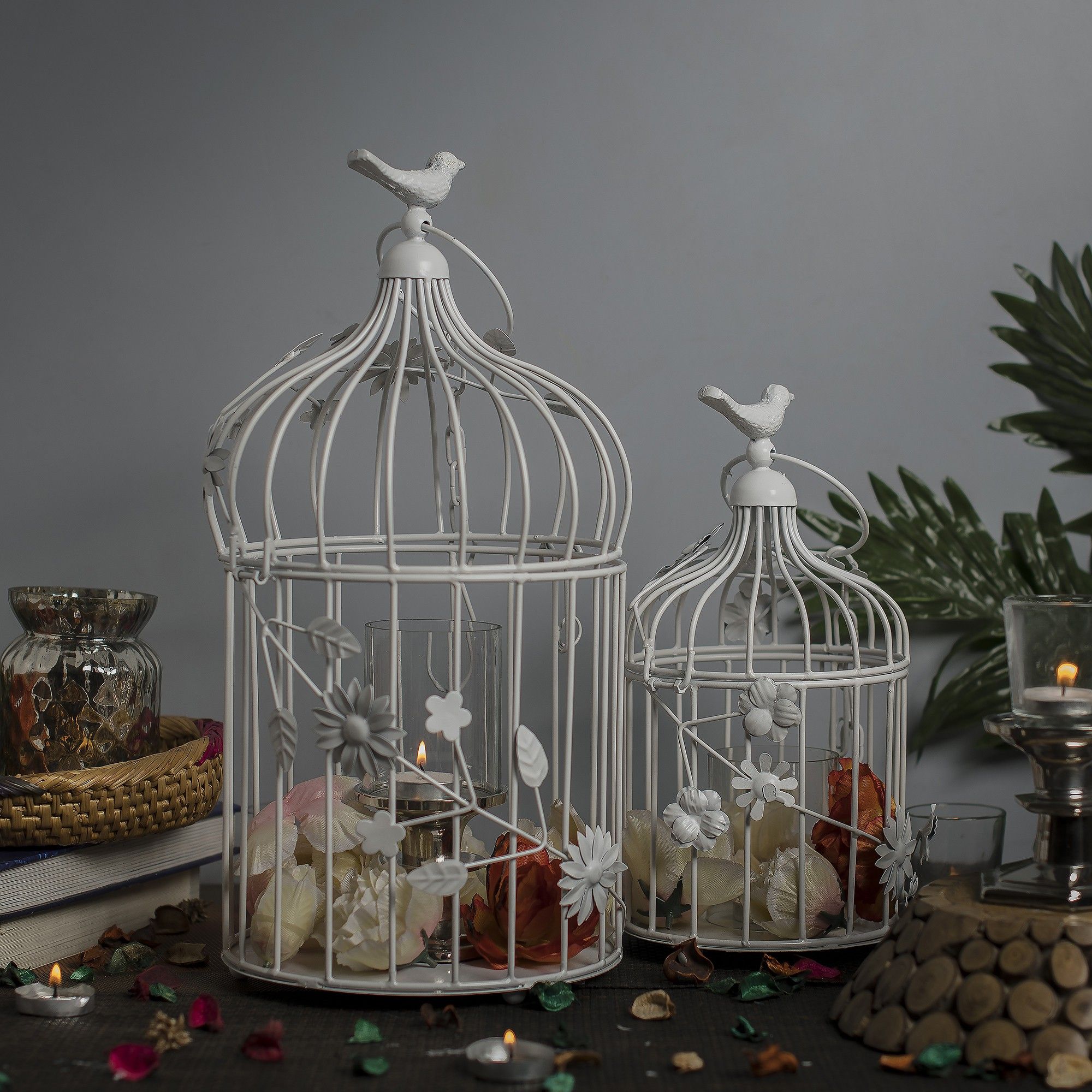 White Bird Cage with Floral Vine (Set of 2), with hanging chain Lantern White Iron Hanging Lantern