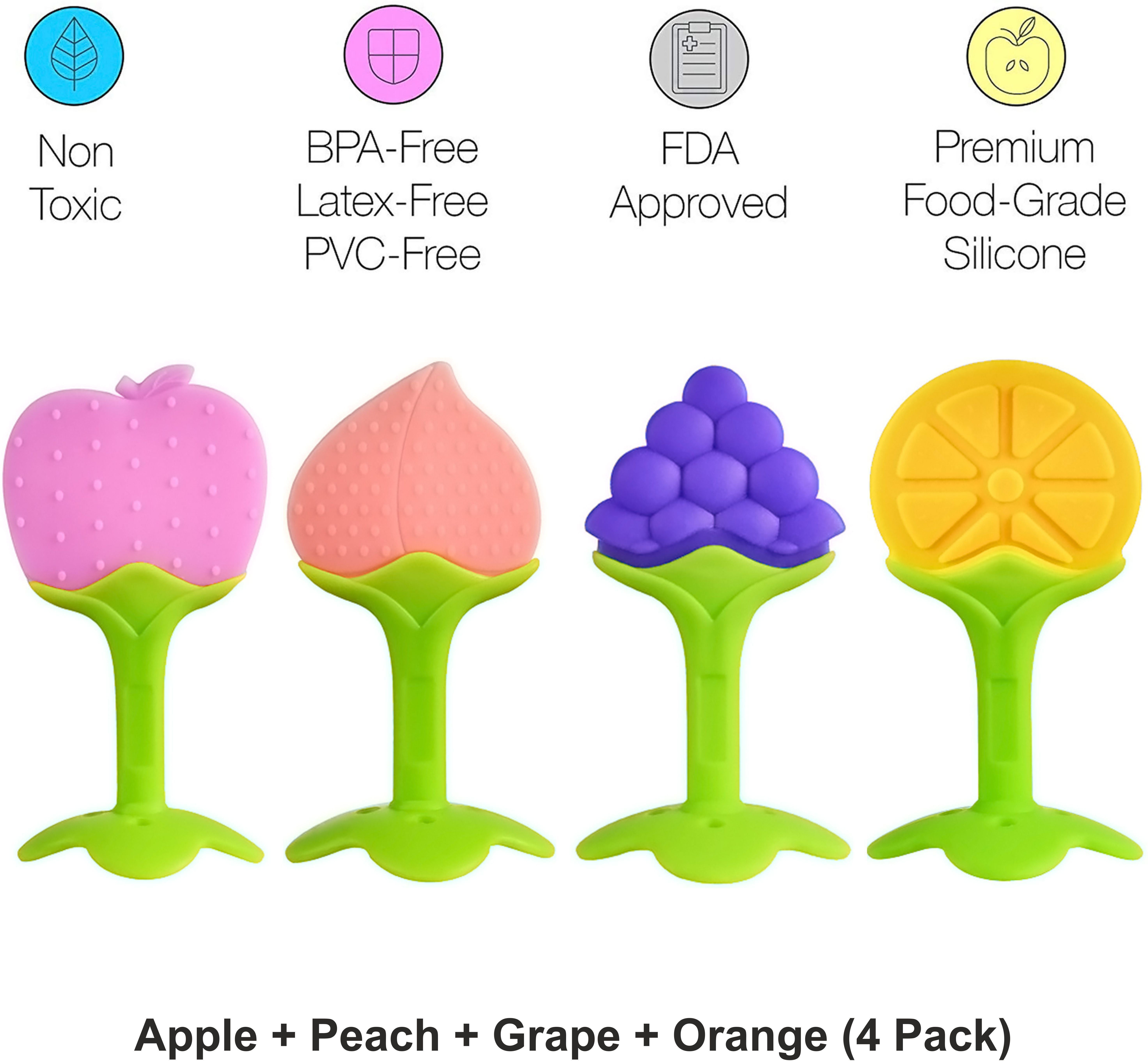 Baby Fruit Shape Silicone Teethers FDA-Approved Soft Silicone, BPA-Free for Infants Baby Boys & Girls (4 Pack) Teether