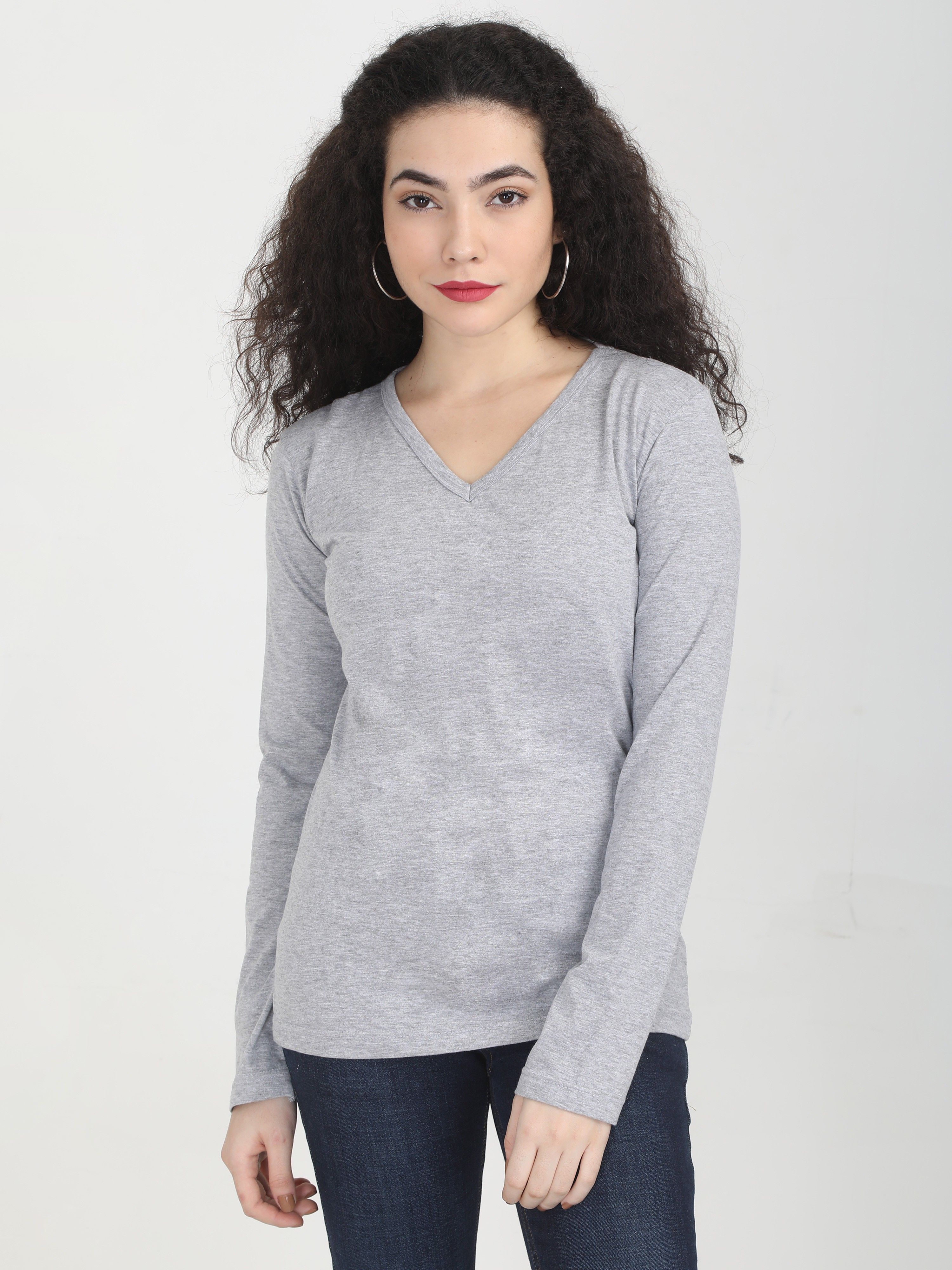 Women Solid V Neck Pure Cotton Grey T-Shirt-image-25