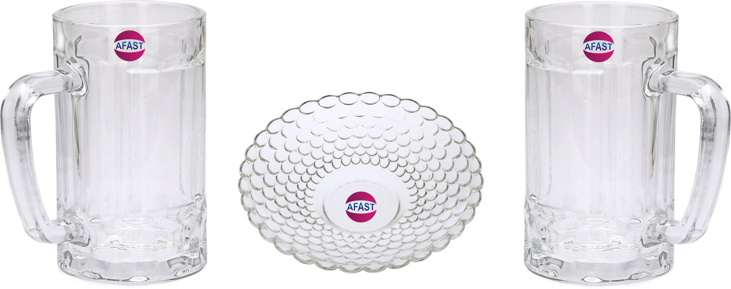 AFAST Combo Of 2 Beer Glass And 1 Snack Plate, Clear, Glass, Pack Of 3 -A5 Glass Tray Set-image-31