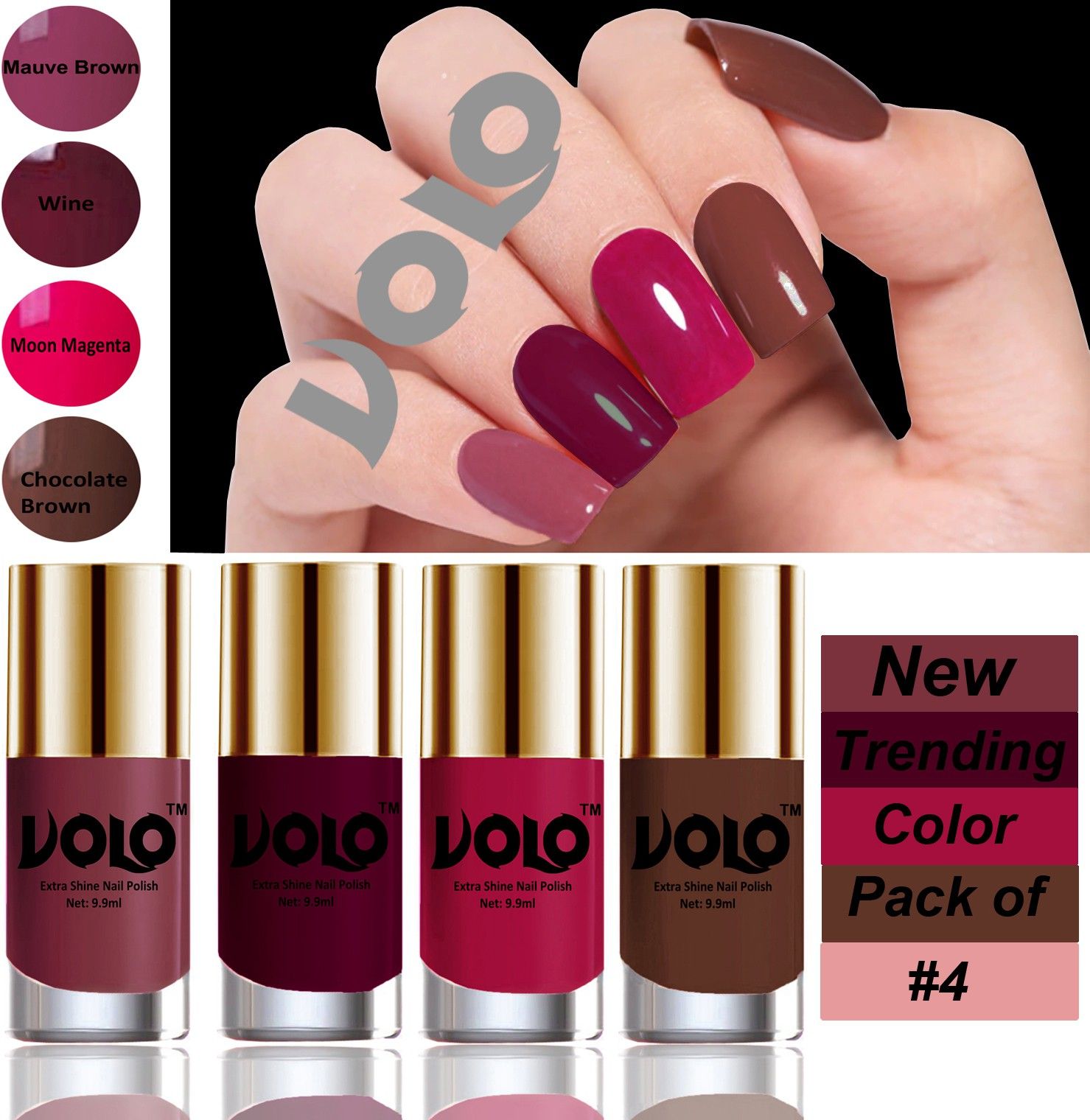 volo Dazzling Glow Long Stable High Definition Nail Polish Combo Set Combo-103 Mauve Brown, Wine, Moon Magenta, Chocolate Brown-picture-9