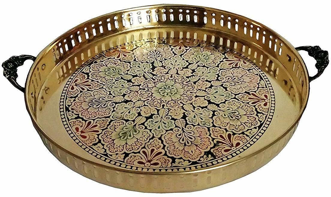Brass Green Antique Designer Round Tray 41 cm Tray-image-11