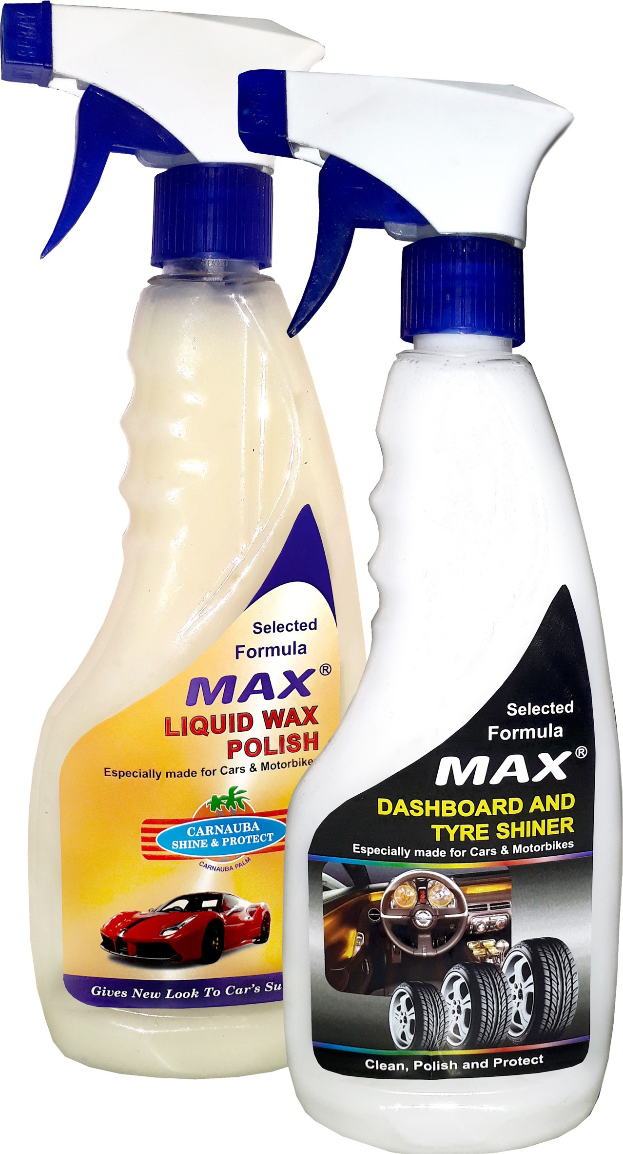 max Essential Car Care Kit includes Dashboard & Tyre Shiner 500 ml, Liquid Wax Polish 500 ml, Foam applicator - 2 Pcs, Microfiber Cloth - 1 Pc Combo image 1