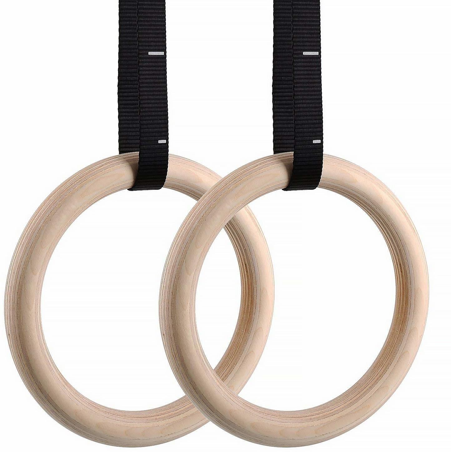 wooden Gymnastic Rings W/Adjustable Straps, Metal Buckles & Home Gym (Set of 2) - Non-Slip - Great for Workout, Strength Training, Fitness Pilates Ring