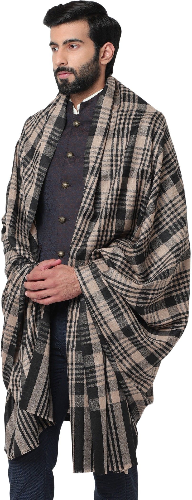 WEAVERS VILLA Pashmina, Wool Checkered Men Shawl-image-32