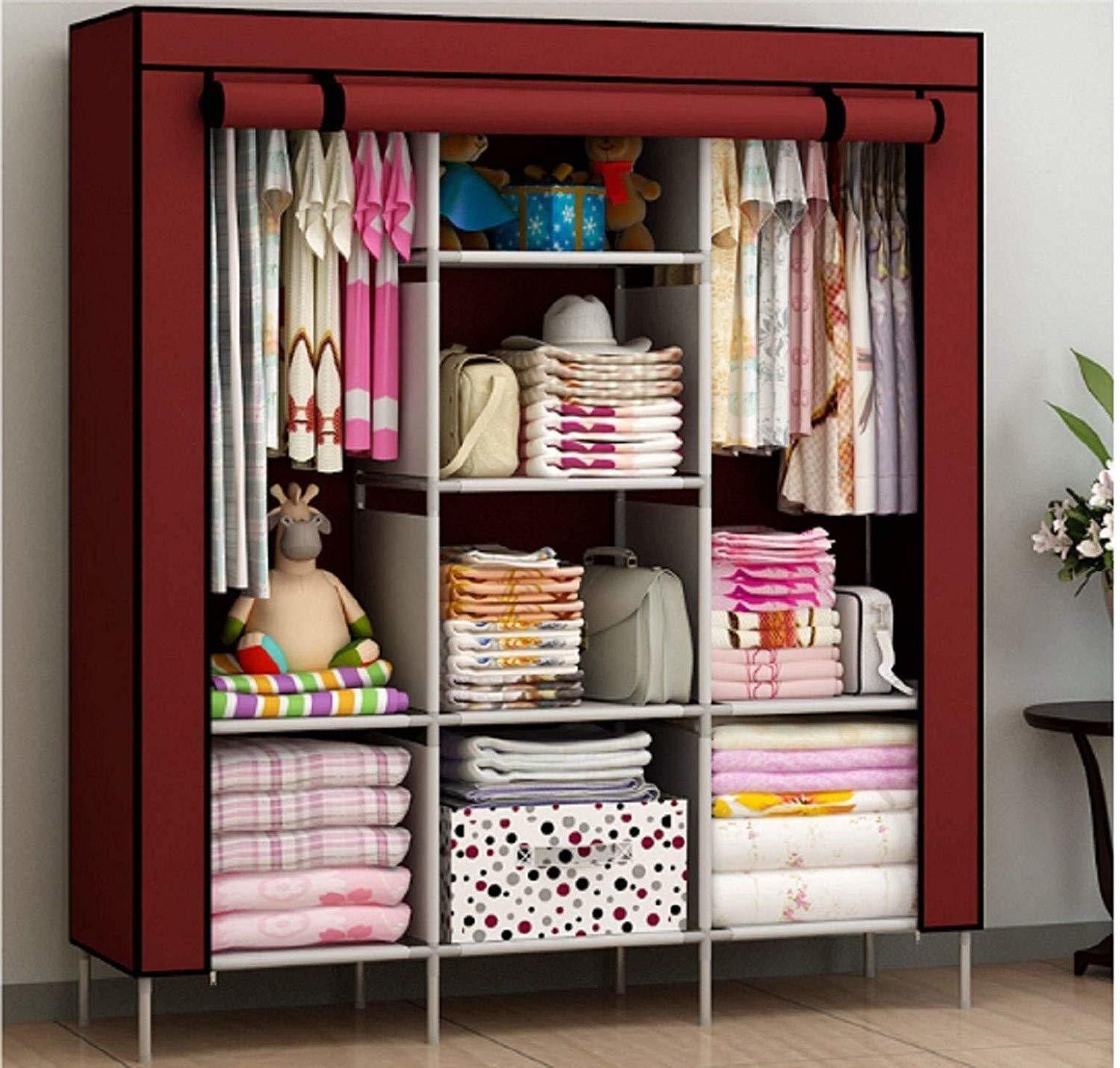 god wish 3-Door 8 shelves Foldable Wardrobe, 8 Racks, (Plastic,Fabric) Carbon Steel Collapsible Wardrobe-picture-17