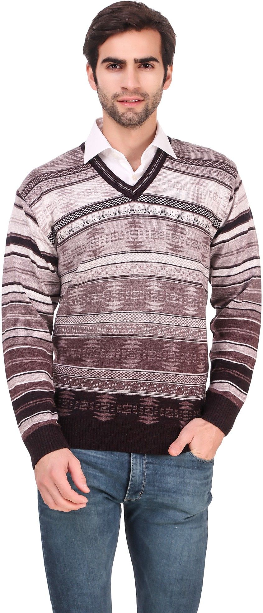 bravezi Men Woven V Neck Multicolor, Maroon Sweater-picture-26
