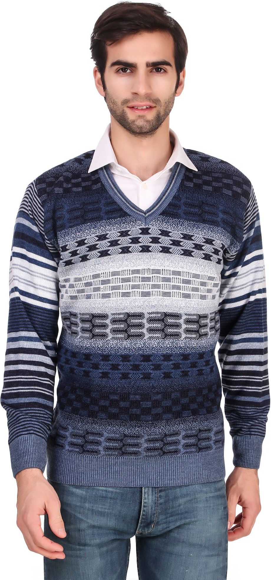bravezi Men Woven V Neck Blue, White Sweater-picture-15