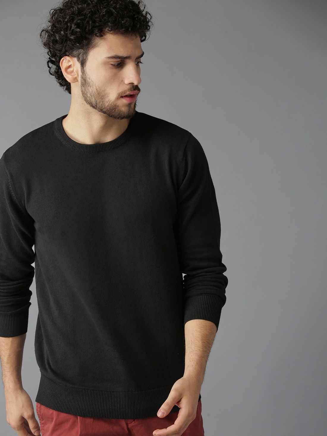 Men Solid Round Neck Black Sweater-image-46