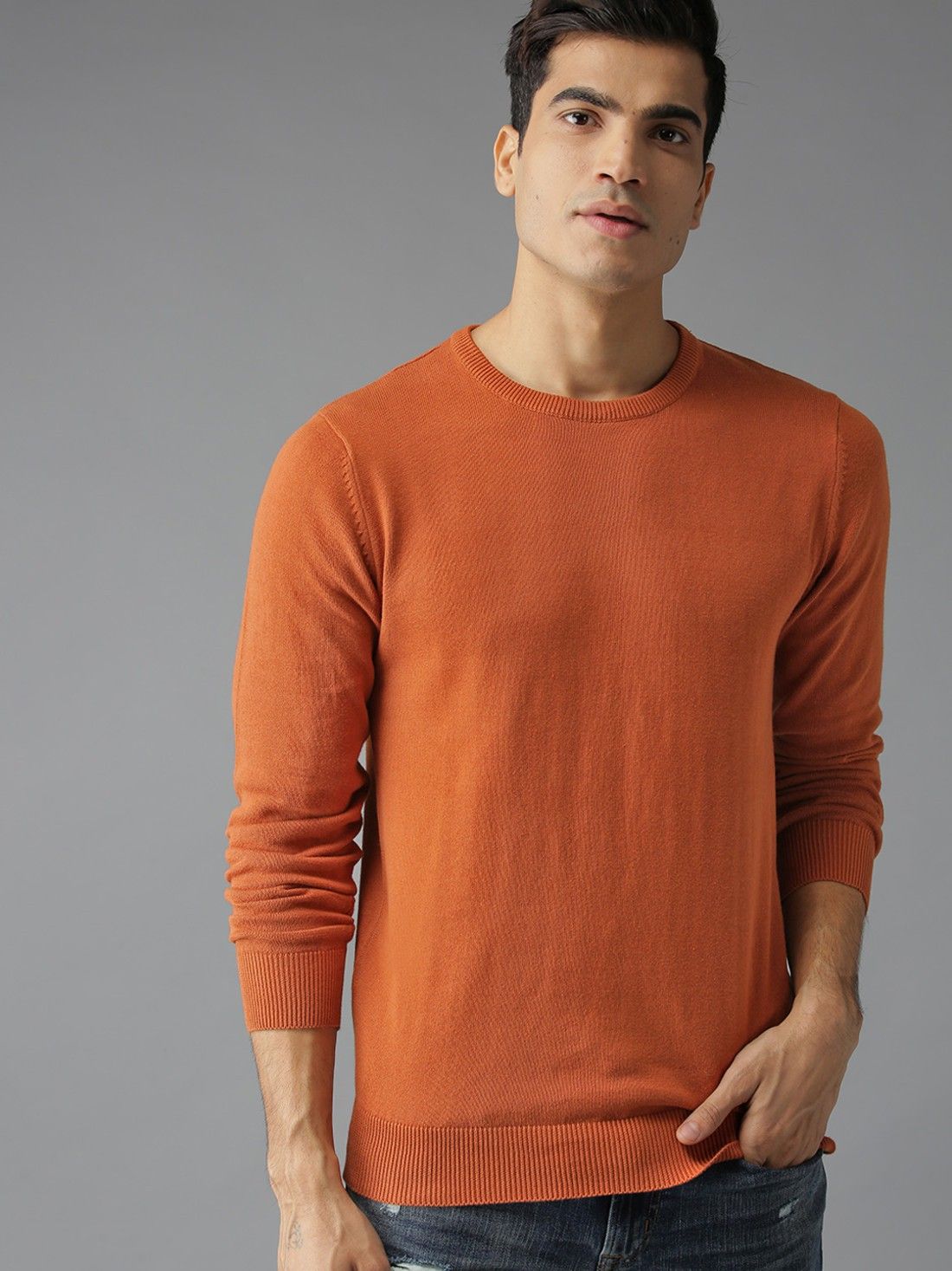 roadster Men Solid Round Neck Brown Sweater-picture-16