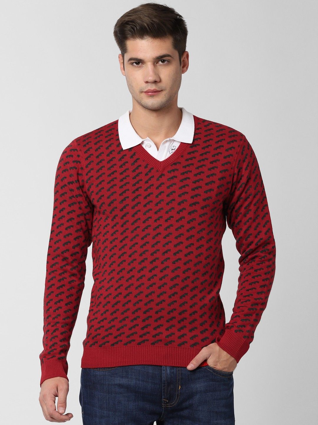 peter england Men Self Design V Neck Red Sweater-picture-24