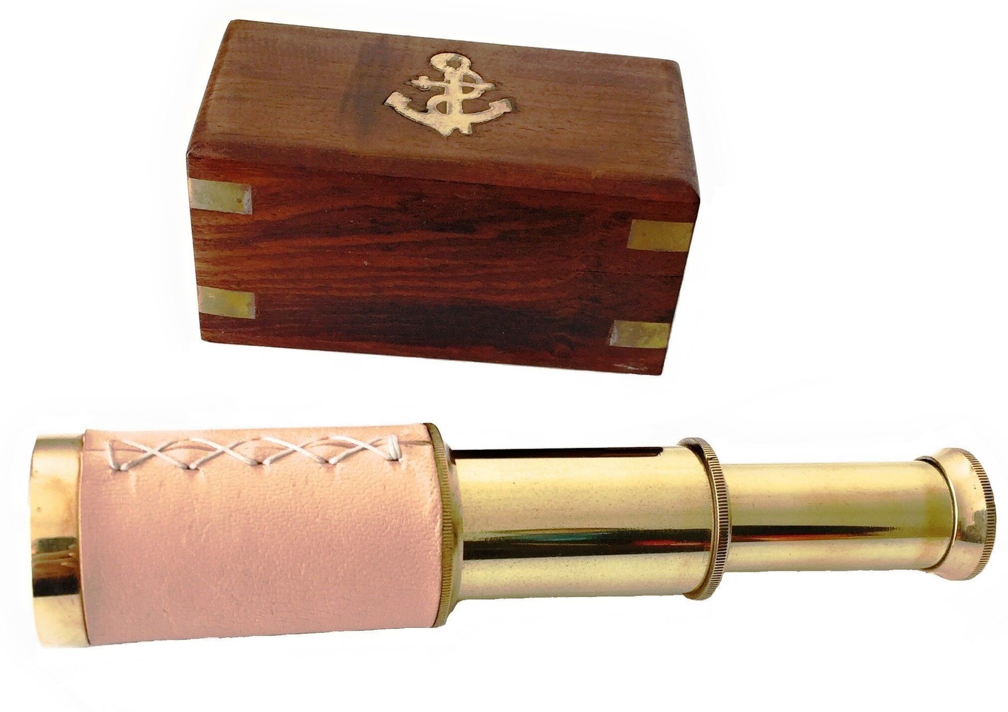 Shoptreed 6" Handheld Vintage Cream leather Brass Telescope with Wood Box Catadioptric Telescope-picture-30