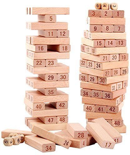 51 Pcs Blocks 4 Dices Wooden Tumbling Stacking Jenga Building Tower Game