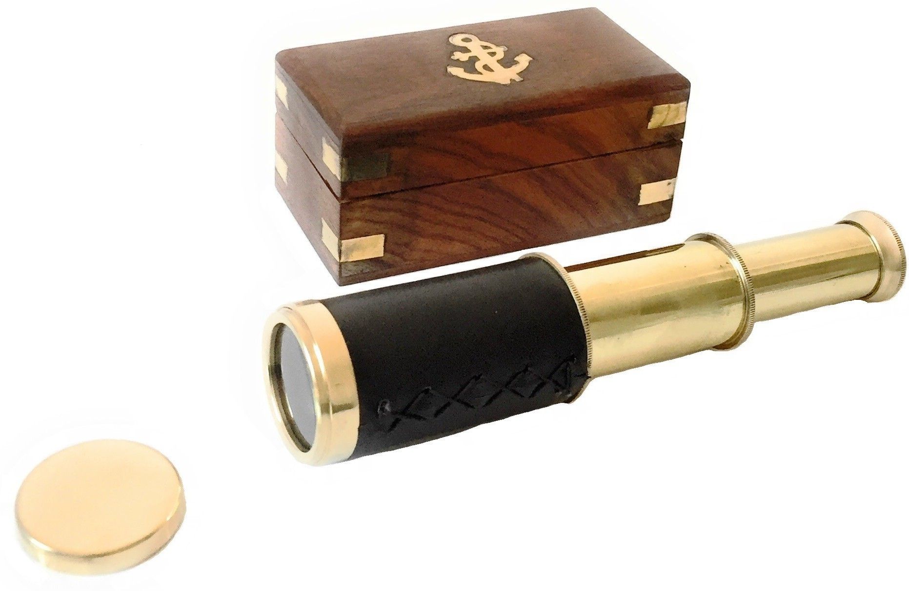 Shoptreed Antique Brass 6" Telescope with lid in Wood Box - Pirate Navigation Collectible Catadioptric Telescope-image-16