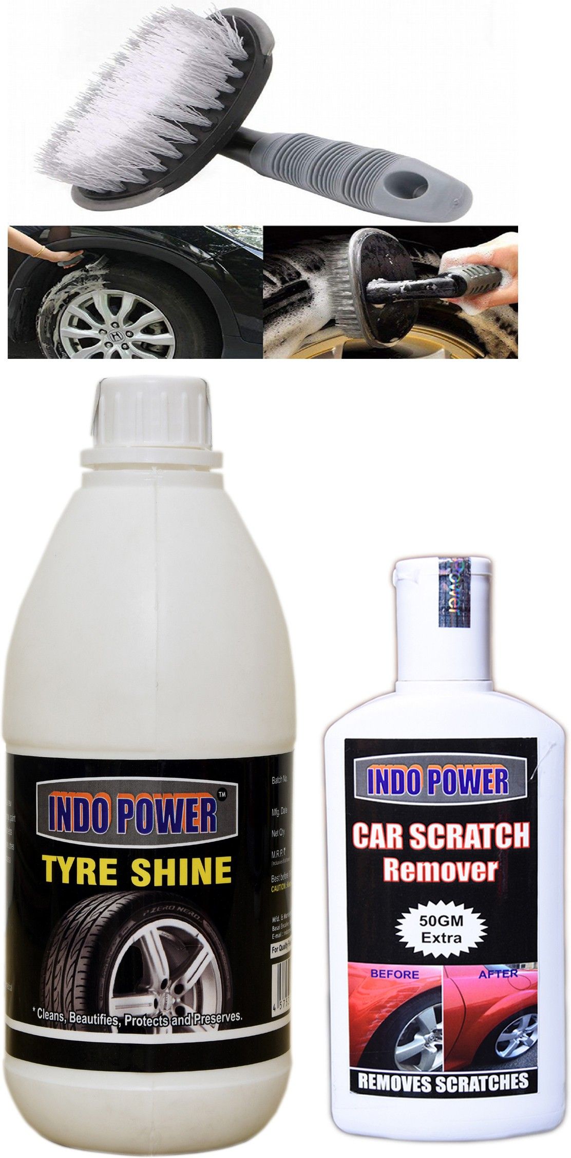 indopower TYRE SHINER 500ml+ Scratch Remover 200gm.+All Tyre Cleaning Brush Combo-picture-16