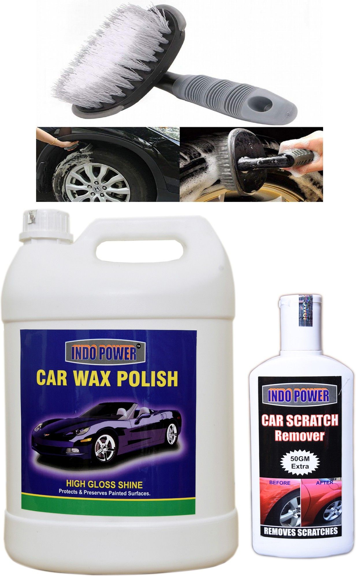 indopower CAR WAX POLISH 5kg+ Scratch Remover 200gm.+All Tyre Cleaning Brush Combo-picture-46