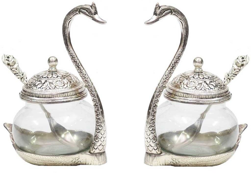 kridaykraft Metal Kissing Duck Transparent Glass Bowl with Spoon Set of 2 pcs for Saunf Supari Tray,Dry Fruit and Candy for Home & Offce Table Decoration Animal Showpiece Serving Bowl... Bowl Serving Set-picture-14