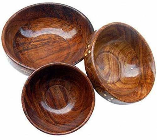 Wooden Dessert Bowl Wooden Brown Serving Bowl for Salad Snacks Decorated Tableware Bowls for Breakfast (Pack of 3)-image-24