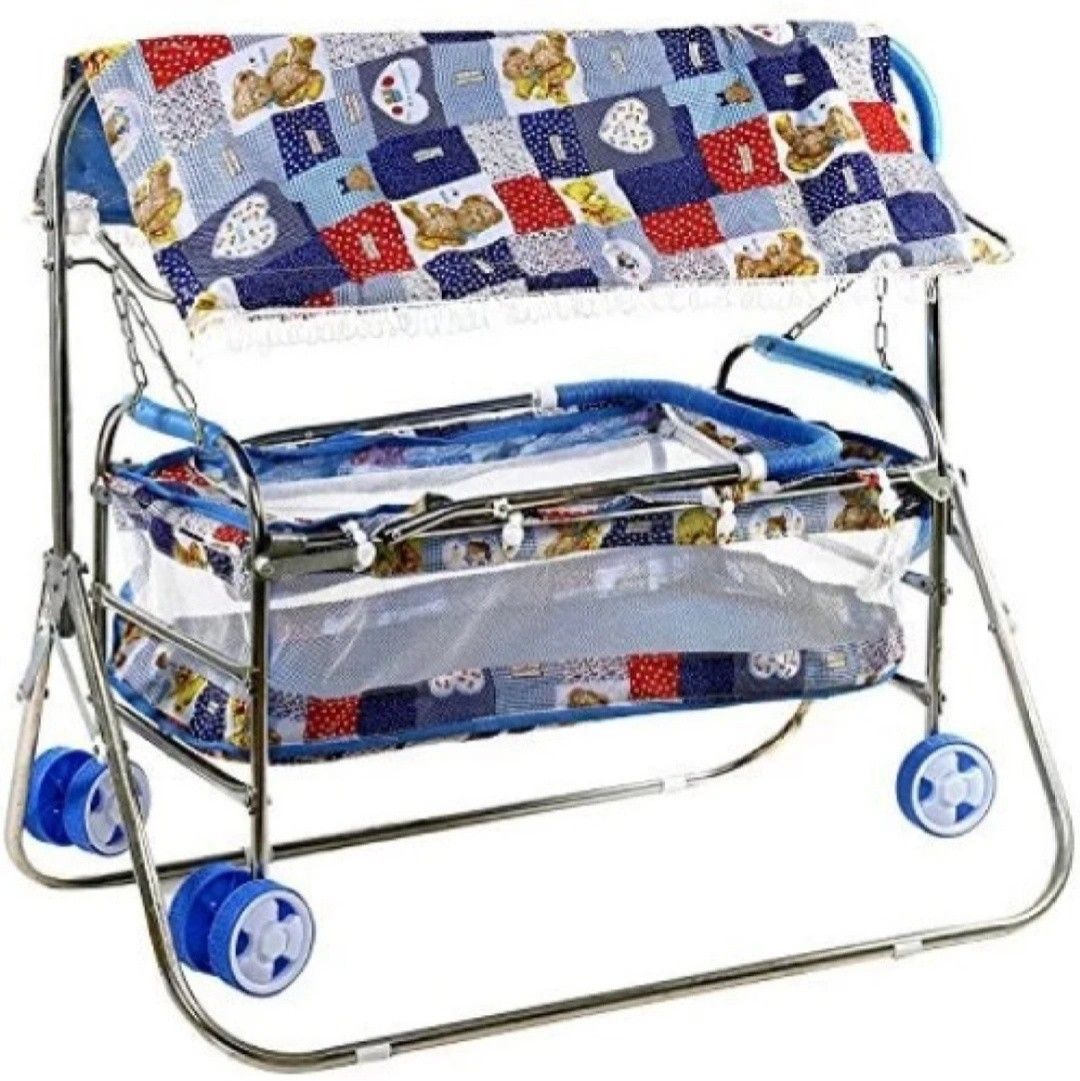 Blue steel bassinet with mosquito net and wheels Bassinet