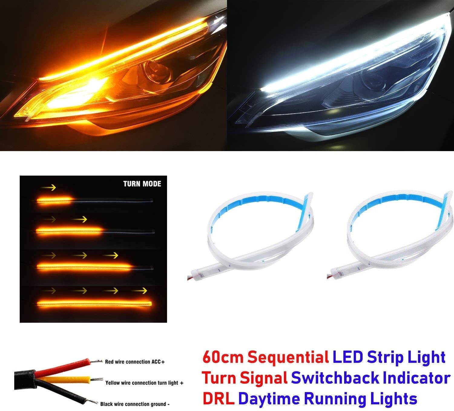 White Flow LED Sequential Audi Style Daytime Running Lights Stick-on Above Headlamp Car Fancy Lights-image-0