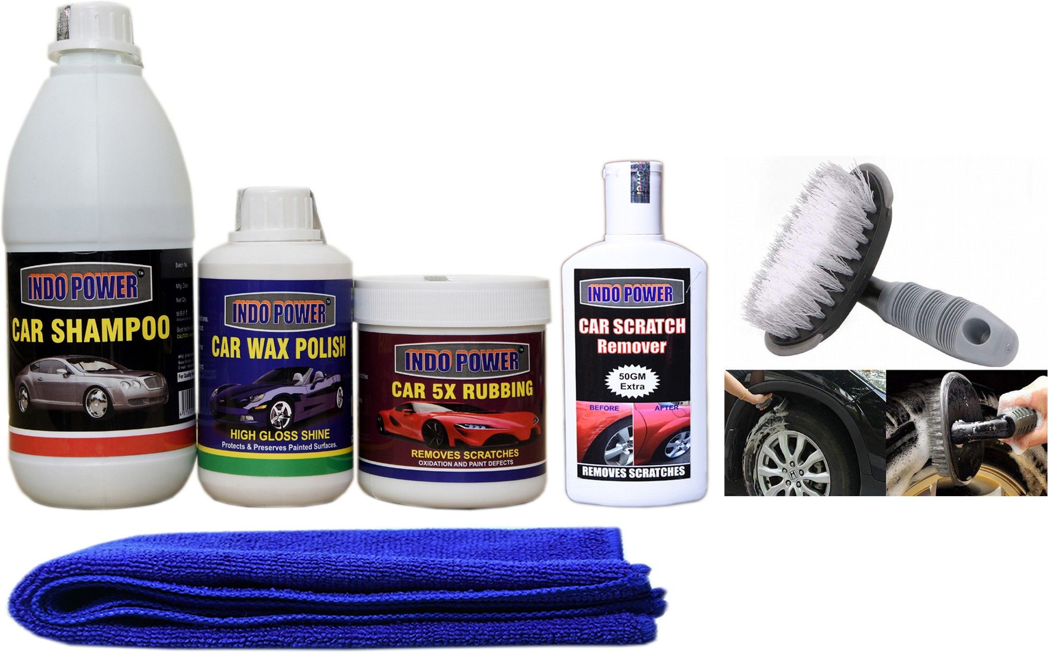 indopower CAR SHAMPOO 500ml+ CAR 5X RUBBING POLISH 250ml+ CAR WAX POLISH 250ml+ scratch remover 200gm . car microfiber cloth +All Tyre Cleaning Brush Combo-picture-30
