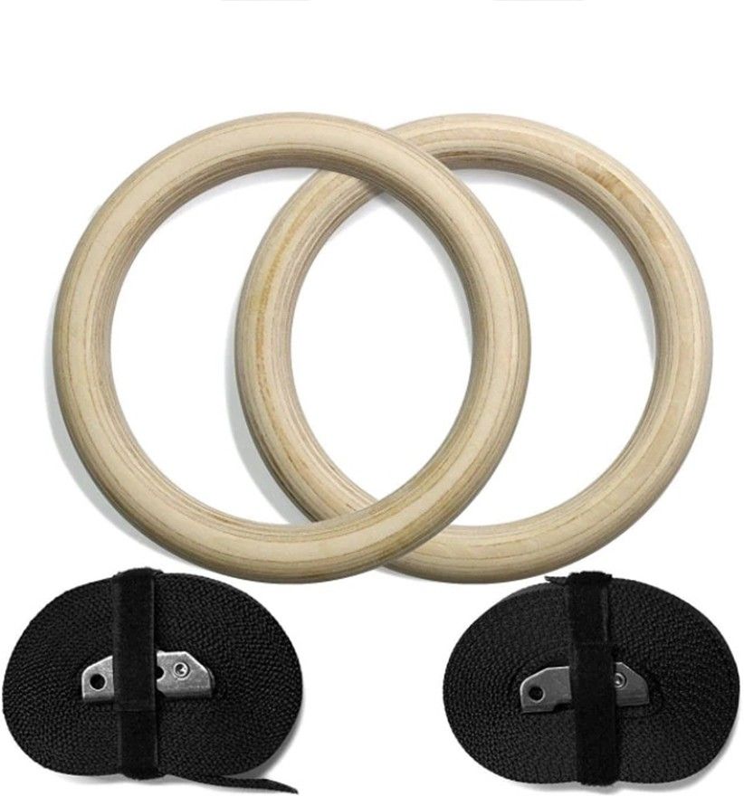 wooden Gymnastic Rings W/Adjustable Straps, Metal Buckles & Home Gym - Non-Slip - Great for Workout, Strength Training, Fitness Pilates Ring