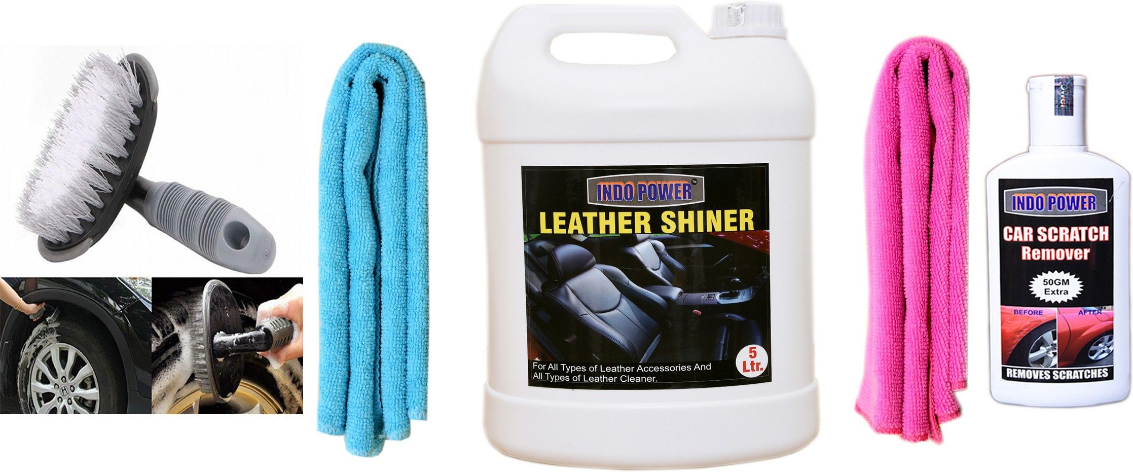 indopower LEATHER SHINER 5ltr+ 2PC CAR MICROFIBER CLOTH+ Scratch Remover 200gm.+All Tyre Cleaning Brush Combo-picture-45