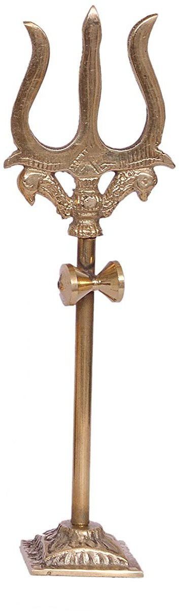 Metal Trishul, Trident Damru with Stand Brass Statue for Car Dashboard/Temple, Puja Ghar Decorative Showpiece - 10 cm