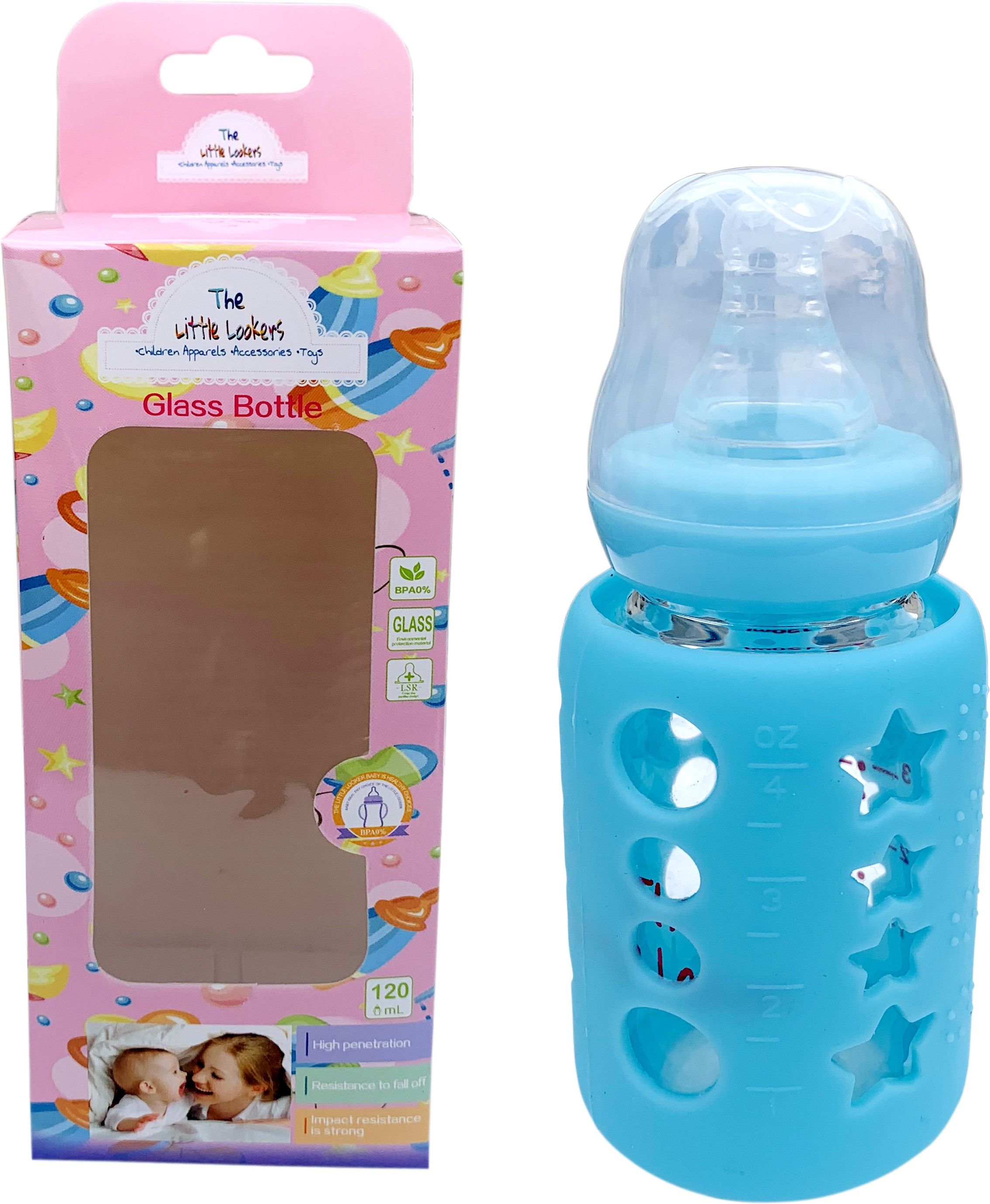 the little lookers Glass Feeding Bottle for Newborns/Infants/Babies | With Silicone Warmer Cover ('BLUE', 120 ML) - 120 ml-picture-15