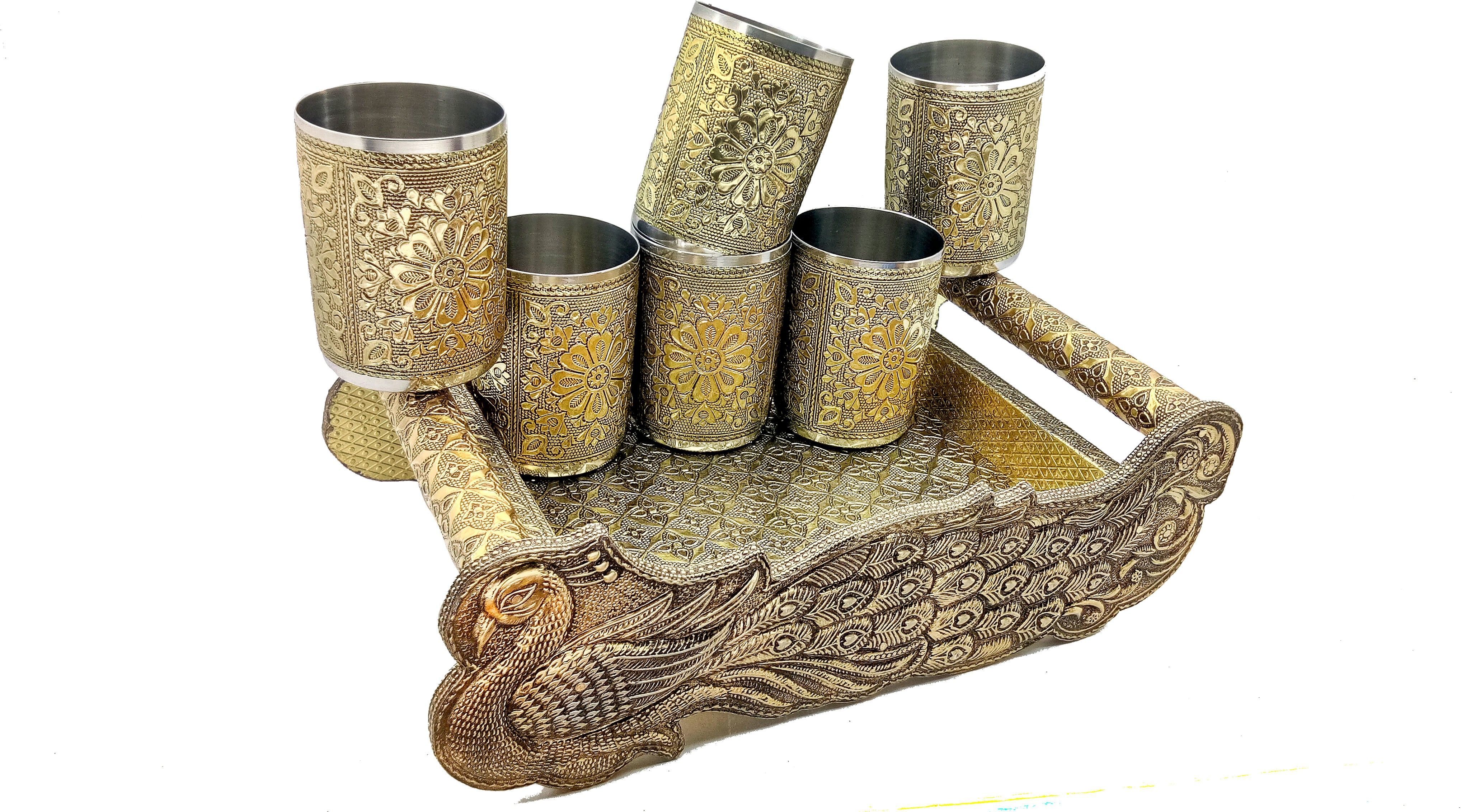 Gold Peacock Design Tray With Handle Glass Tray Set, Glass Tray Set (Wood, Stainless Steel)Oxidize Glass, Handicraft Tray, Oxidized Peacock Design Glass Tray Set